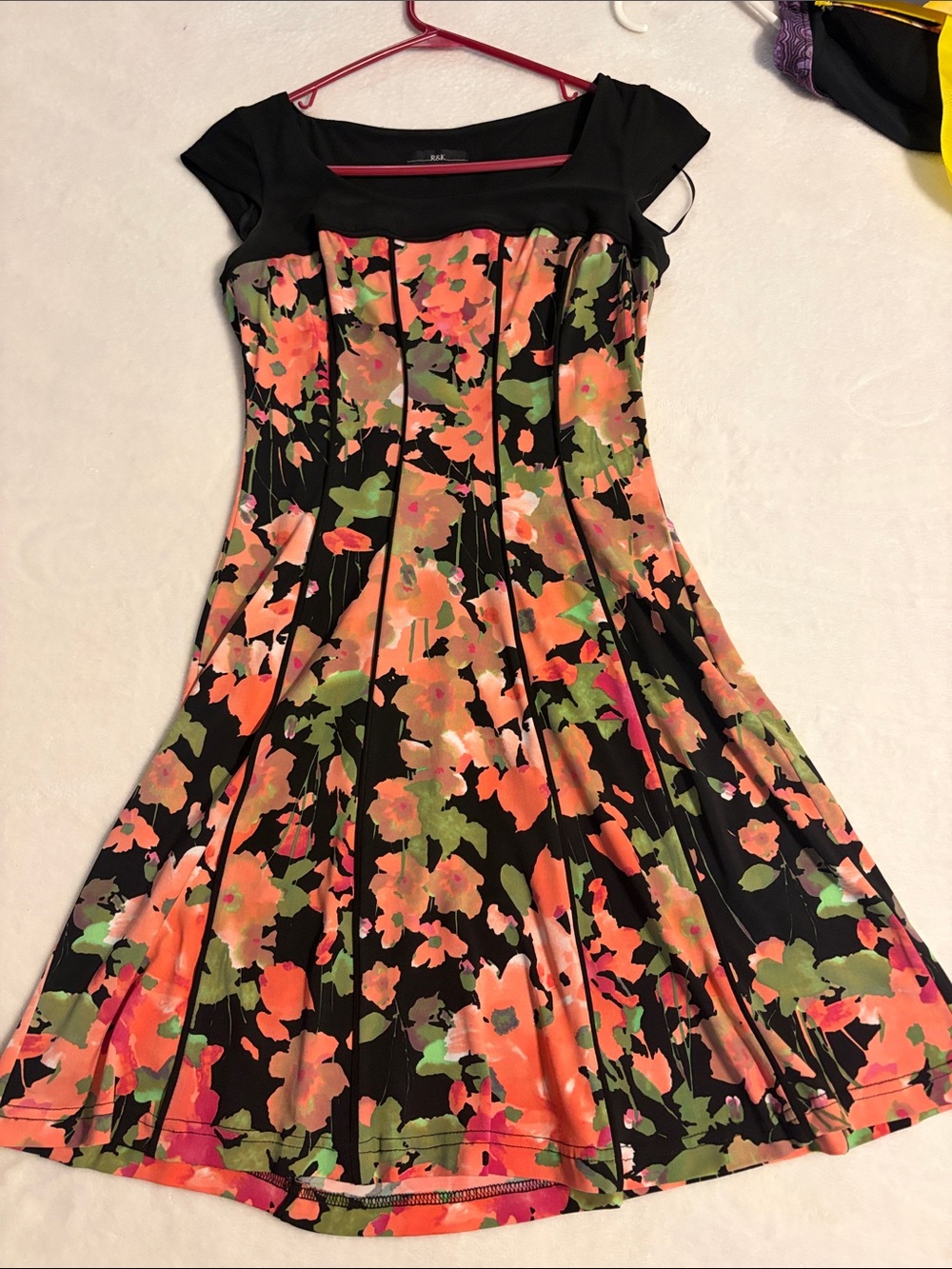 Floral Fit-and-Flare Dress with Black Yoke